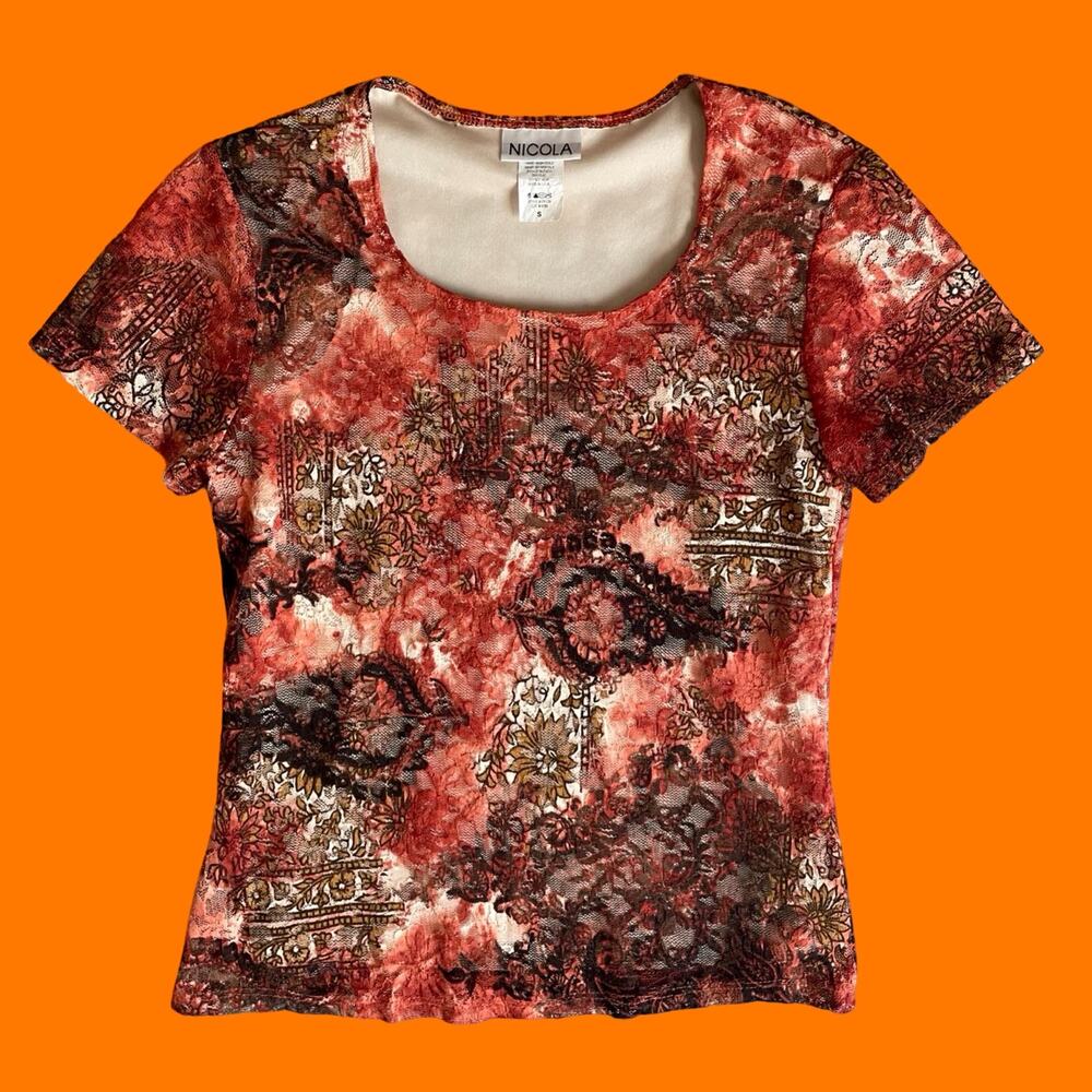 90's 00's vintage orange boho mesh y2k short sleeve top blouse SMALL Nicola